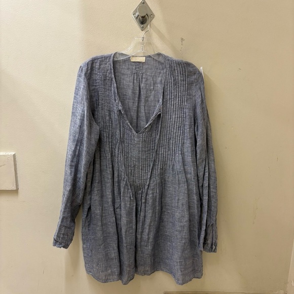 CP Shades MEDIUM Smocked Blue Tunic Dress Long Sleeves flowy 100% linen chambrey - Picture 1 of 9